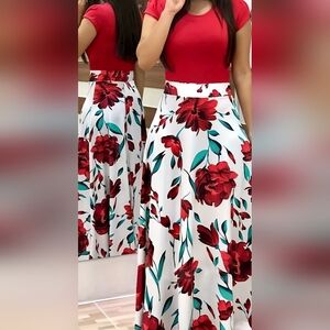 Two‑Piece ILLUSION Dress. Red Top Floral Bottom. Size 2X - Plus Size